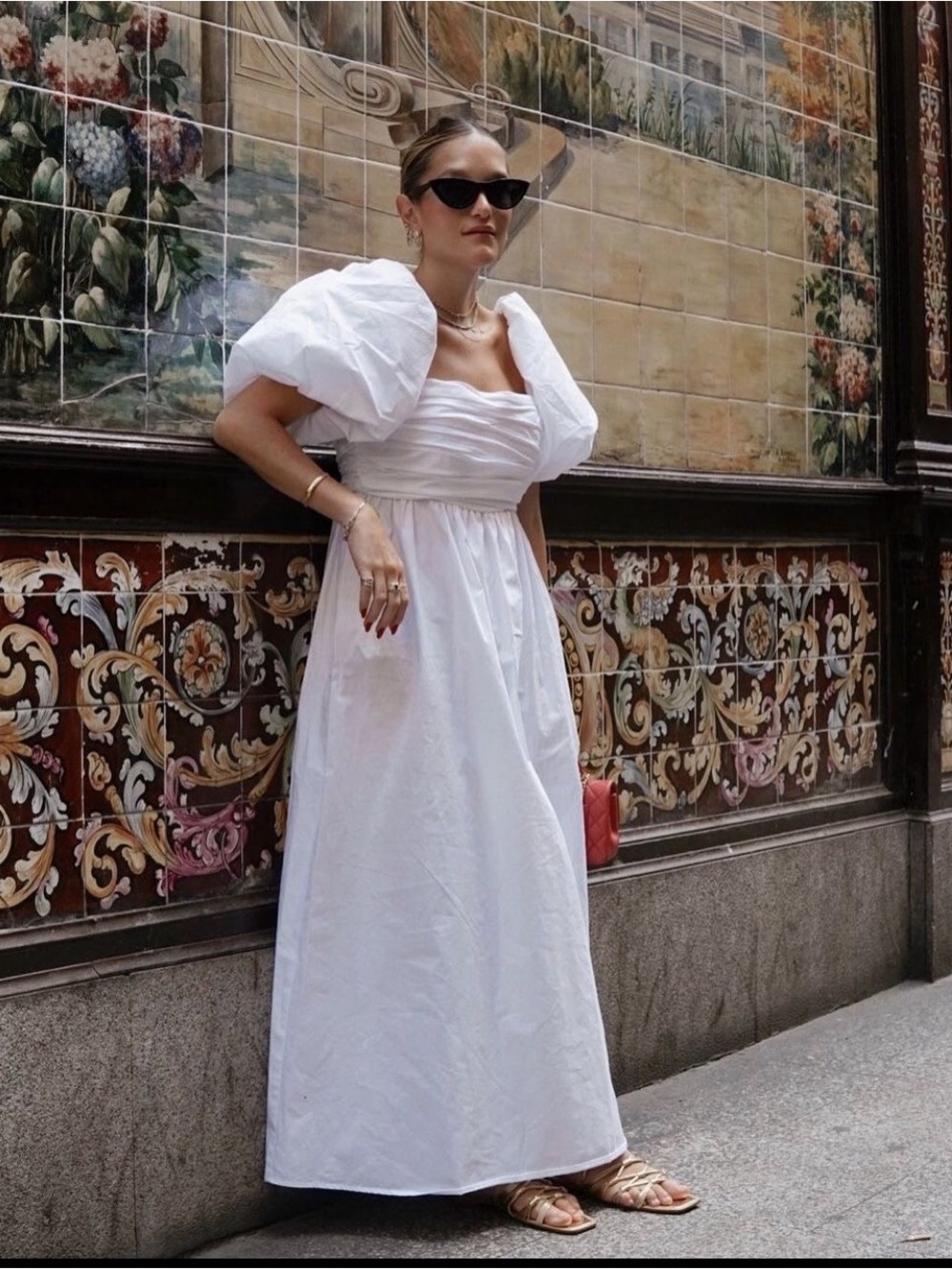 Zara Draped Poplin Cotton Puff Sleeve Maxi Dress White Size L Blogger Favourite
